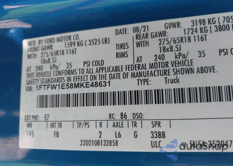 2021 Ford F-150 Xlt из США, поврежденный, VIN 1FTFW1E58MKE48631